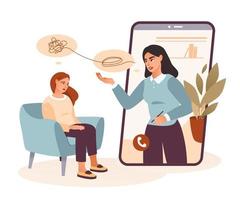 Online therapy with a psychotherapist. Mental health. Psychological help. The girl communicates online with a psychotherapist. Flat vector illustration