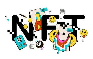 NFT, interchangeable tokens and digital items with cryptographic art for sale on the Internet market and blockchain technology, flat vector illustration