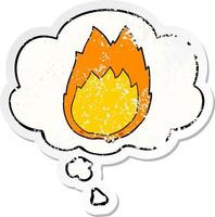 cartoon flames and thought bubble as a distressed worn sticker vector