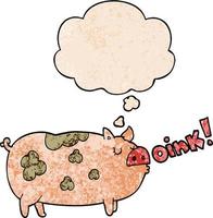 cartoon oinking pig and thought bubble in grunge texture pattern style vector