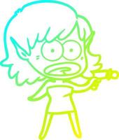 cold gradient line drawing cartoon shocked alien girl with ray gun vector