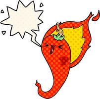 cartoon flaming hot chili pepper and speech bubble in comic book style vector