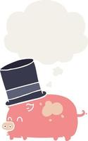 cartoon pig wearing top hat and thought bubble in retro style vector