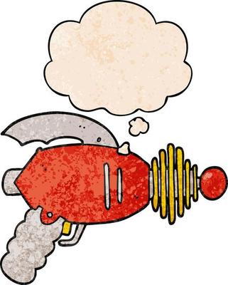 cartoon ray gun and thought bubble in grunge texture pattern style