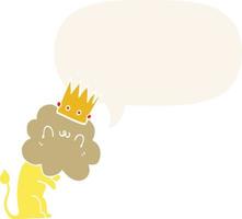 cartoon lion and crown and speech bubble in retro style vector