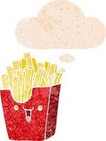 cute cartoon box of fries and thought bubble in retro textured style vector