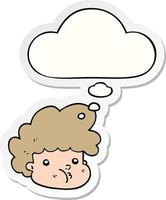 cartoon boy and thought bubble as a printed sticker vector