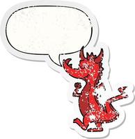 cartoon cute dragon and speech bubble distressed sticker vector