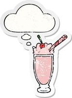 cartoon milkshake and thought bubble as a distressed worn sticker vector