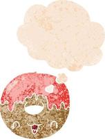 cute cartoon donut and thought bubble in retro textured style vector