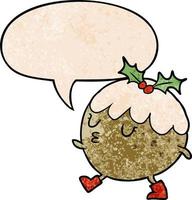 cartoon christmas pudding walking and speech bubble in retro texture style vector