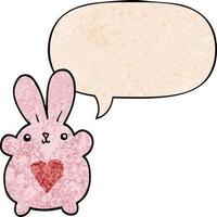 cute cartoon rabbit and love heart and speech bubble in retro texture style vector