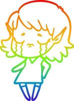 rainbow gradient line drawing crying cartoon elf girl vector