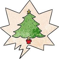 cartoon christmas tree and speech bubble in retro texture style vector