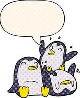 cartoon happy penguins and speech bubble in comic book style vector