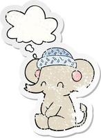 cartoon cute elephant and thought bubble as a distressed worn sticker vector