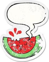 cartoon watermelon and speech bubble distressed sticker vector