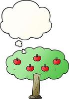 árbol de manzana de dibujos animados y burbuja de pensamiento en estilo degradado suave