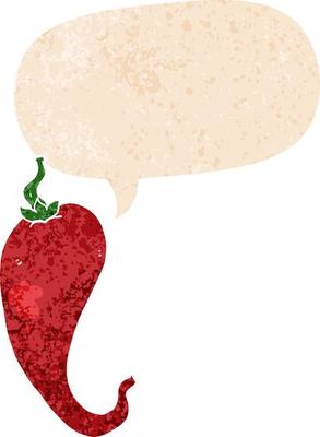cartoon chili pepper and speech bubble in retro textured style