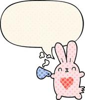 cute cartoon rabbit and love heart and coffee cup and speech bubble in comic book style vector