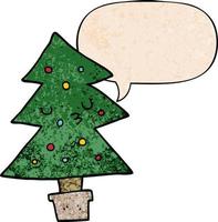 árbol de navidad de dibujos animados y burbuja del habla en estilo de textura retro vector