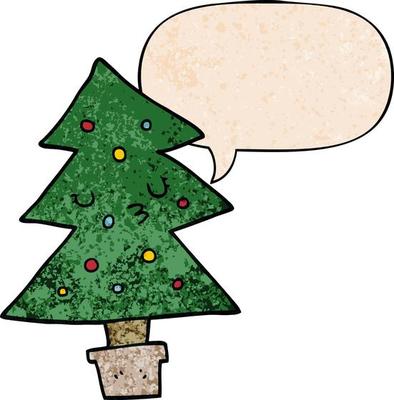 cartoon christmas tree and speech bubble in retro texture style