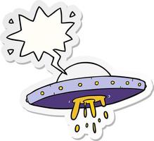 cartoon flying UFO and speech bubble sticker vector
