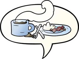 cartoon breakfast of coffee and bacon and speech bubble in smooth gradient style vector
