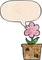 cute cartoon flower and speech bubble in retro texture style vector