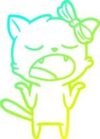 cold gradient line drawing cartoon yawning cat shrugging shoulders vector