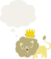 león de dibujos animados con corona y burbuja de pensamiento en estilo retro vector