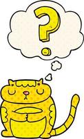 gato de dibujos animados con signo de interrogación y globo de pensamiento al estilo de las historietas vector