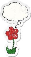 cartoon flower and thought bubble as a distressed worn sticker vector