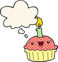 cartoon cupcake with candle and thought bubble in comic book style vector