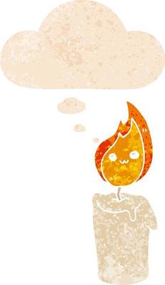 cartoon candle character and thought bubble in retro textured style