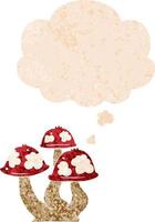 cartoon mushrooms and thought bubble in retro textured style vector