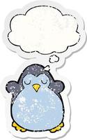 cartoon penguin and thought bubble as a distressed worn sticker vector