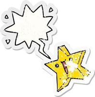 cartoon happy star and speech bubble distressed sticker vector