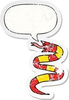 hissing cartoon snake and speech bubble distressed sticker vector