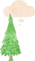 cartoon christmas tree and thought bubble in retro textured style vector