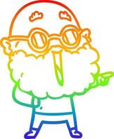 rainbow gradient line drawing cartoon joyful man with beard pointing finger vector