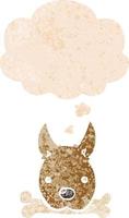 cartoon dog with bone and thought bubble in retro textured style vector