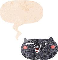 cartoon cat face and speech bubble in retro textured style vector