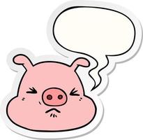 cartoon angry pig face and speech bubble sticker vector