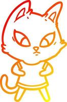 warm gradient line drawing confused cartoon cat in clothes vector