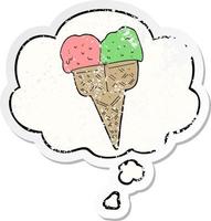 cartoon ice cream and thought bubble as a distressed worn sticker vector