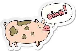 cartoon oinking pig and speech bubble sticker vector