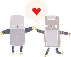 cartoon robots in love and speech bubble in retro style vector