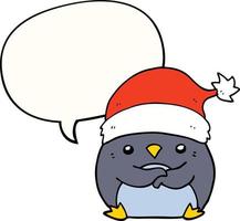 lindo pingüino de dibujos animados con sombrero de navidad y burbuja de habla vector