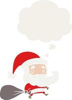 cartoon santa claus with sack and thought bubble in retro style vector